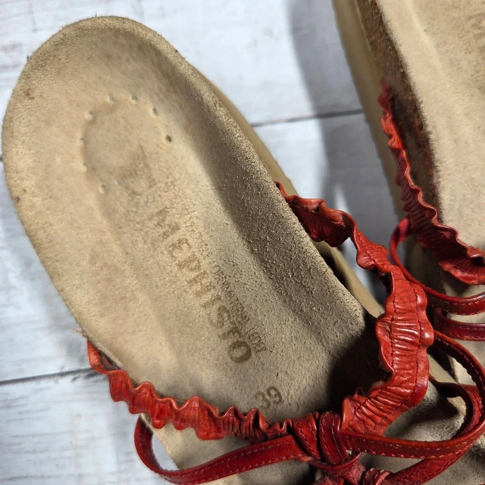 Mephisto Strappy Ruffle Leather Cork Footbed Sandals Womens 39 Red France